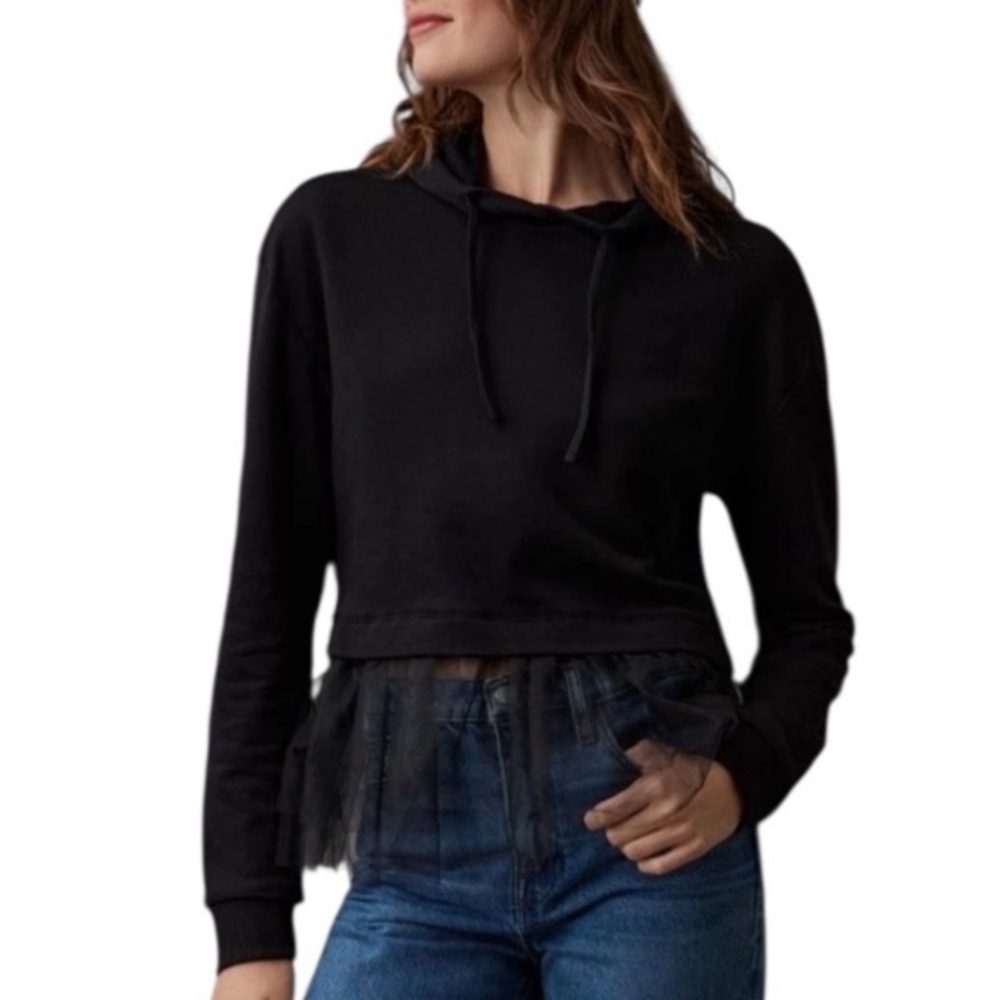 Anthropologie Black Hooded Sweatshirt with Tulle Hem - Picture 2 of 11